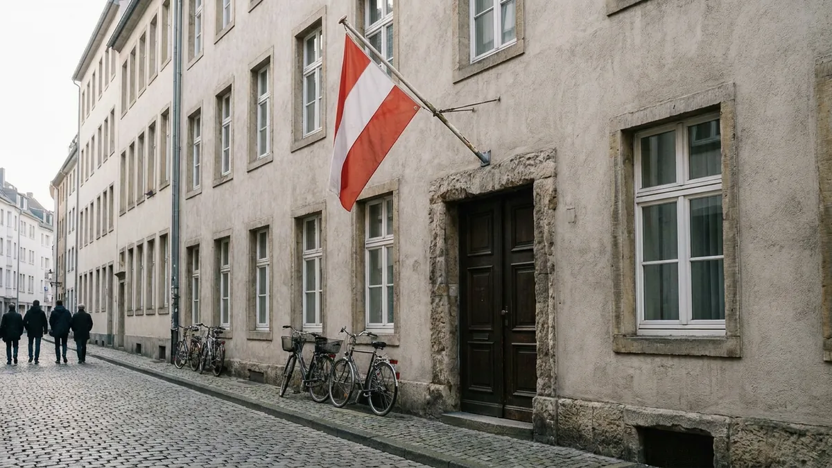 Kopfsteingepflasterte Gasse mit Altbaufassade, über einer dunklen Holztür hängt eine rot-weiße Fahne, davor Fahrräder