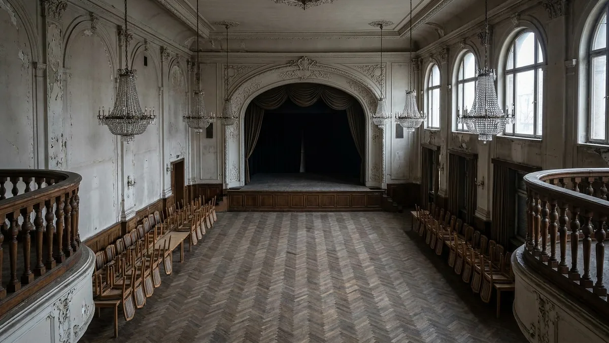 Leerer historischer Festsaal mit Kronleuchtern, Parkettboden und dunkler Bühne, an den Wänden Stuhlreihen
