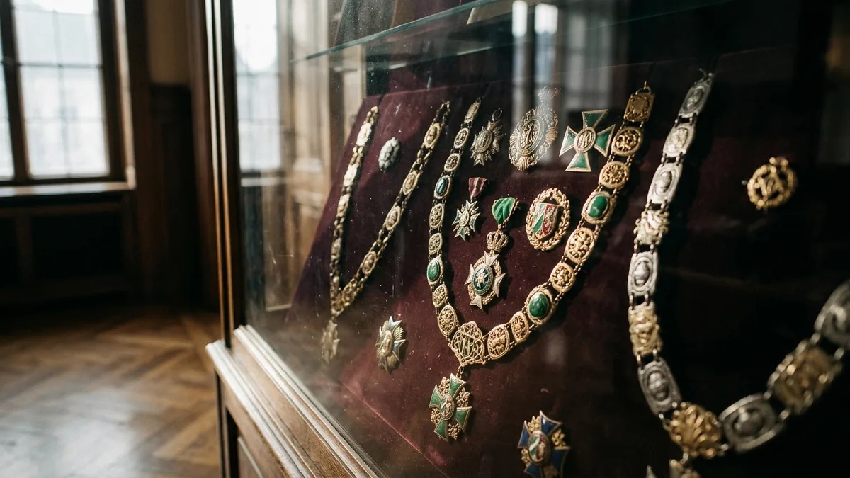 Vitrine mit Ordensketten und Medaillen im Streiflicht, Detailaufnahme