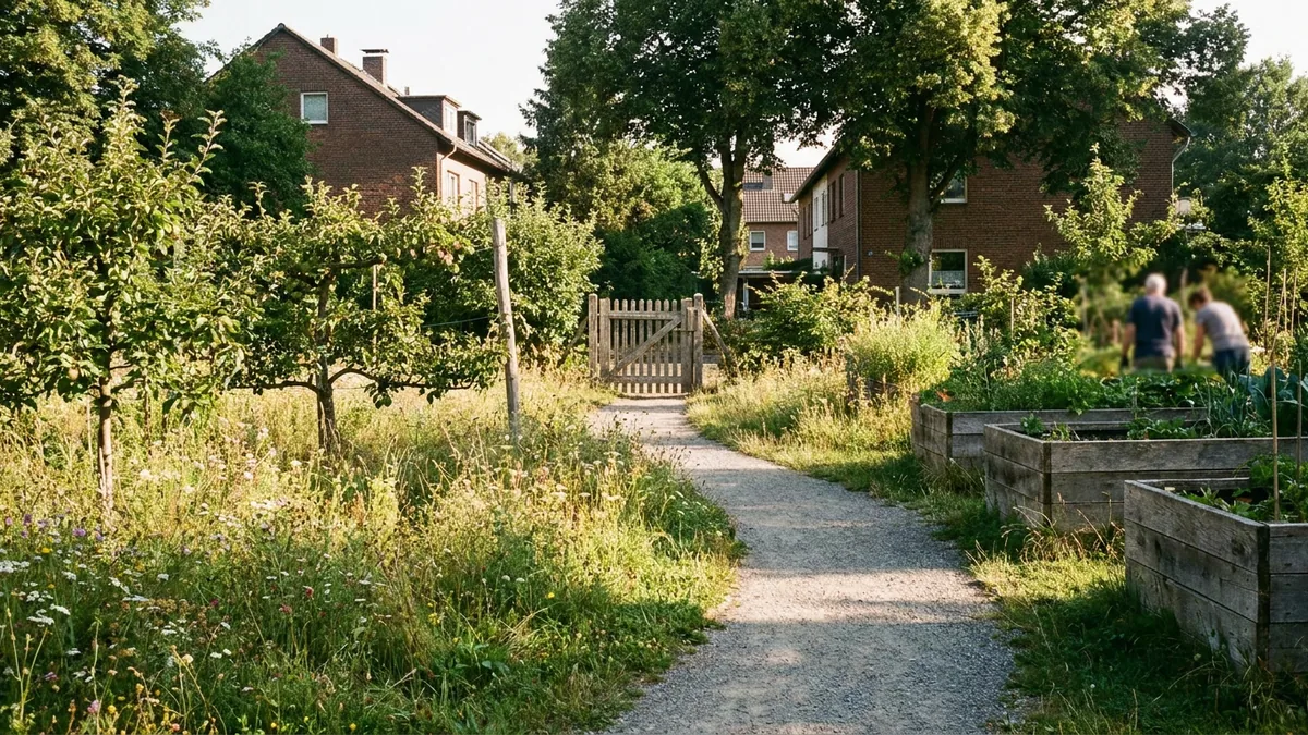 Weg durch einen Naturerlebnisgarten mit Wiesen, Obstbäumen und Hochbeeten im Sommer