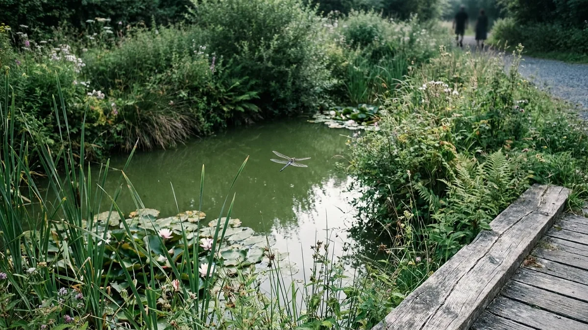 Naturnaher Teich mit Schilf und Wasserpflanzen in einem Garten
