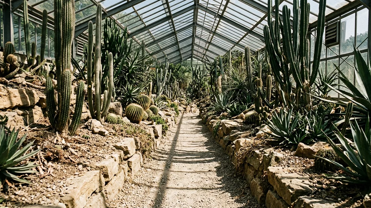 Schmaler Weg zwischen Kakteen und Sukkulenten in einem Wüstenhaus, hartes Streiflicht.