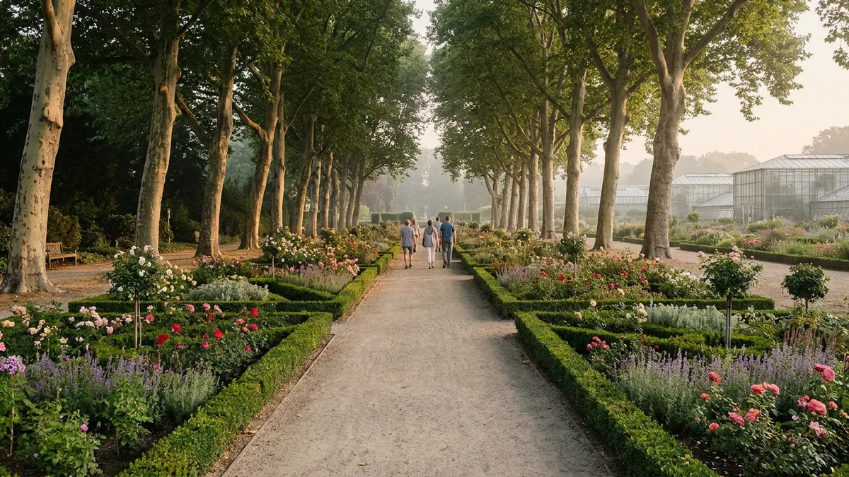 Gepflegter Garten mit buchsgesäumten Rosenbeeten und Platanenallee, im Hintergrund Gewächshäuser aus Glas