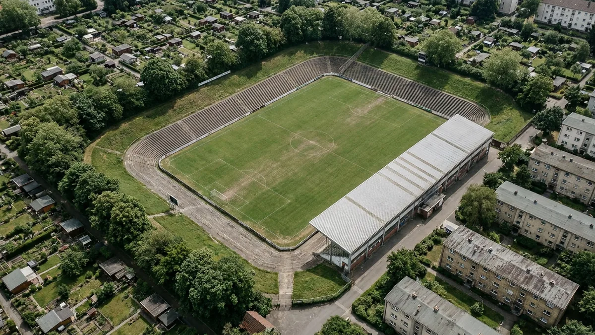 Luftaufnahme eines älteren Stadions mit offenen Stufenrängen und überdachter Tribüne, umgeben von Kleingärten und Wohnblocks