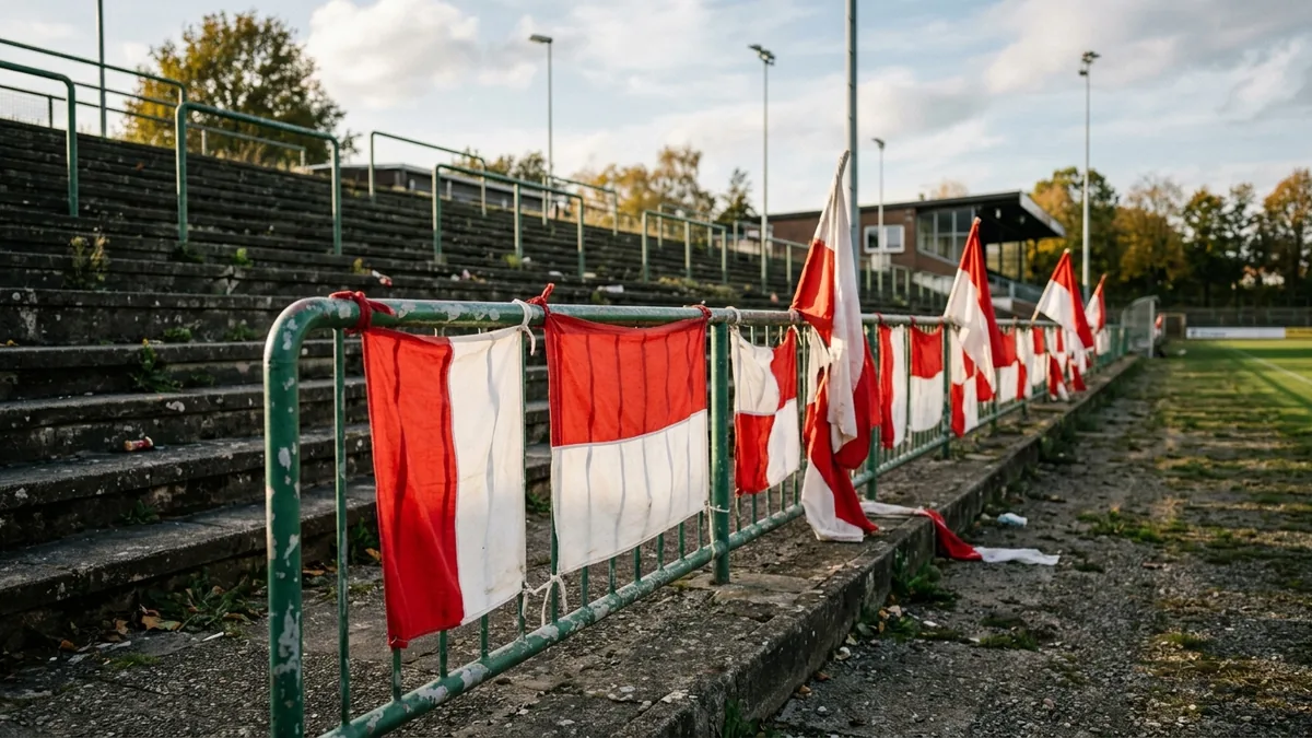 Rot-weiße Fahnen und Stoffbanner am Zaun einer Stehplatzkurve