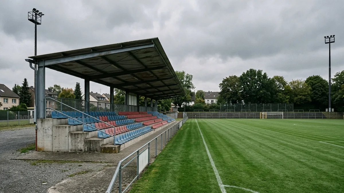 Leere Haupttribüne eines kleinen Fußballstadions am Vormittag