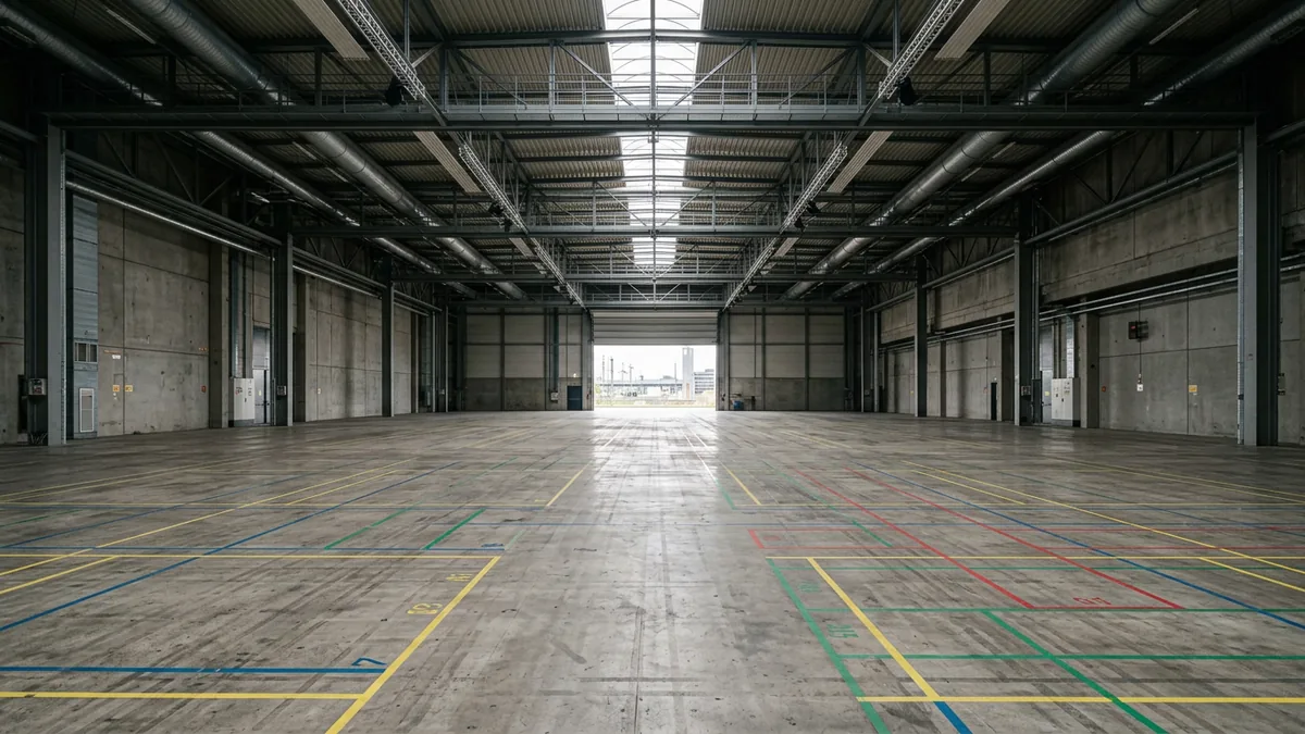Leere Messehalle mit Bodenmarkierungen und geöffnetem Hallentor vor dem Standaufbau