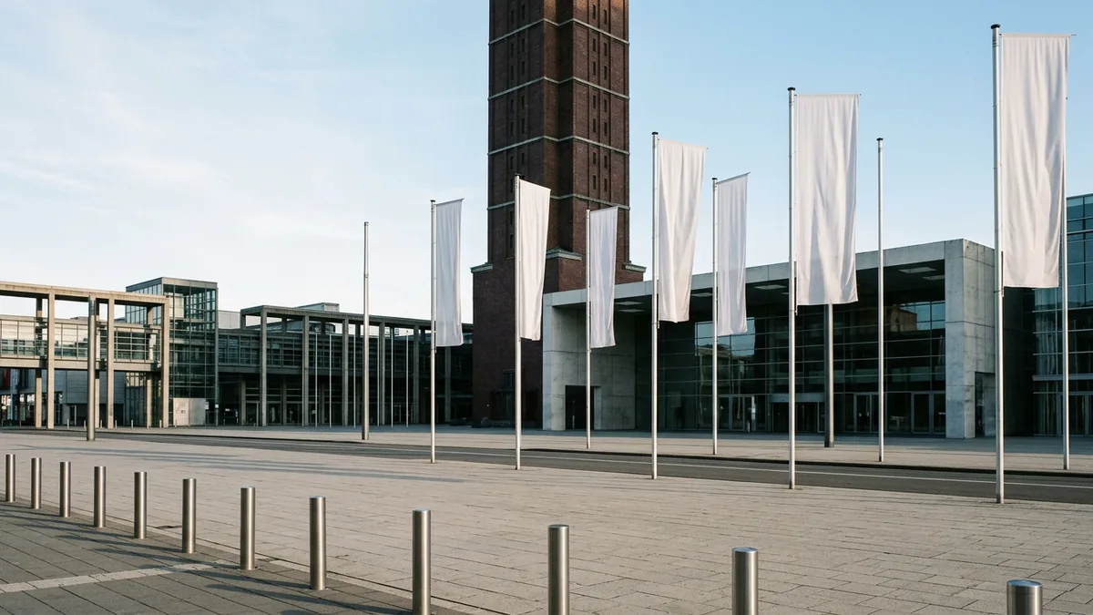 Fahnenmasten mit unbedruckten Bannern vor dem Messeturm auf dem Kölner Messegelände