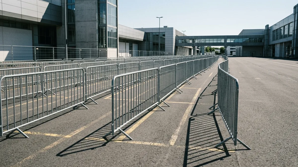 Aufgereihte Absperrgitter und Bodenmarkierungen auf einem leeren Messeboulevard in der Mittagssonne