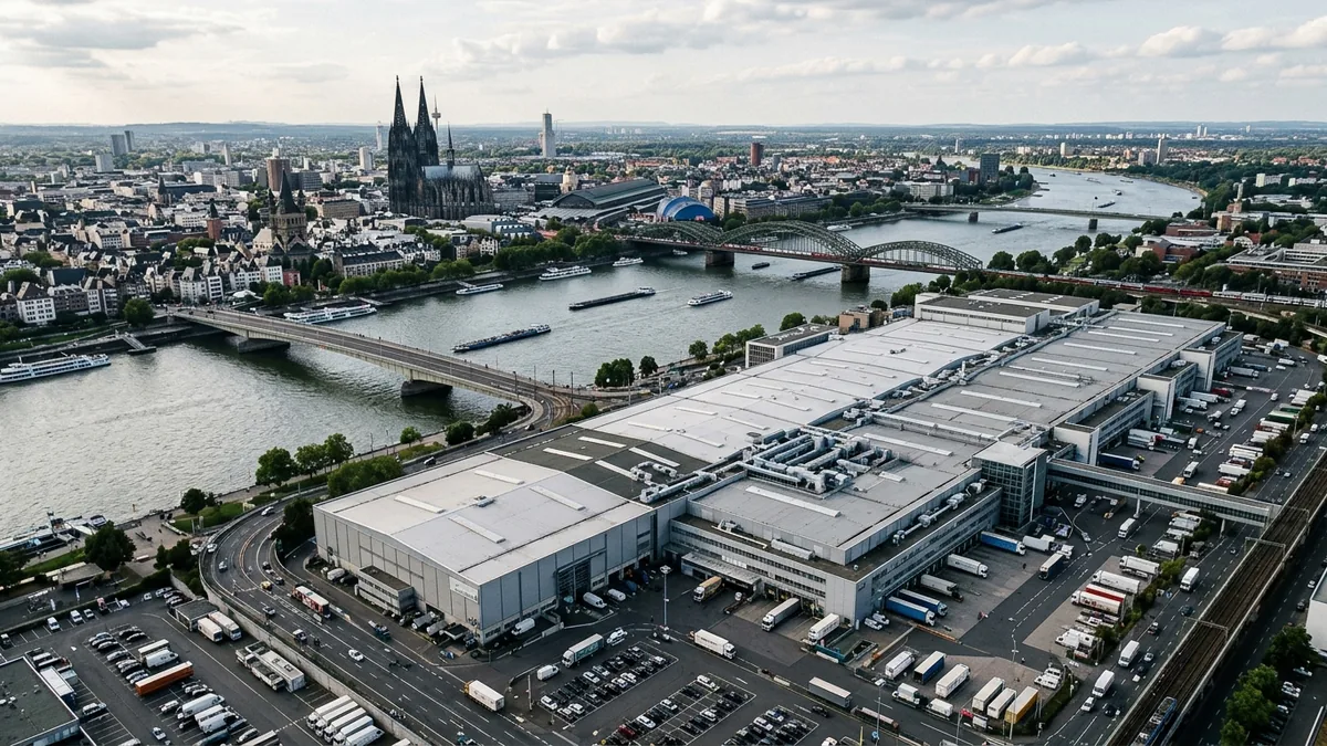 Luftbild des Messegeländes in Deutz mit Rhein, Brücken und der Altstadt am gegenüberliegenden Ufer