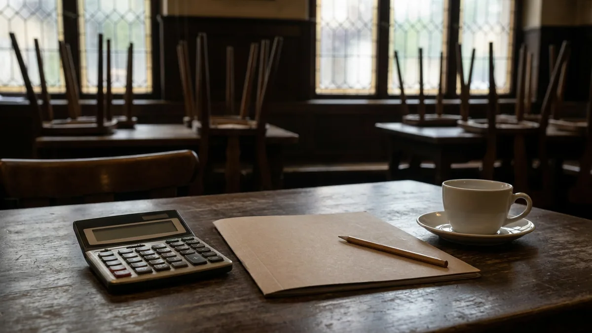 Taschenrechner, Pappmappe und Kaffeetasse auf einem Holztisch, dahinter hochgestellte Stühle in einem leeren Gastraum