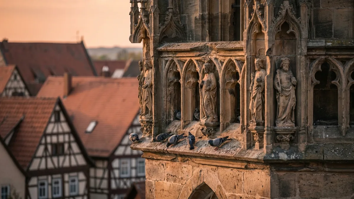 Gotischer Turm mit Heiligenfiguren in Nischen und Tauben auf einem Sims, im Hintergrund Fachwerkhäuser