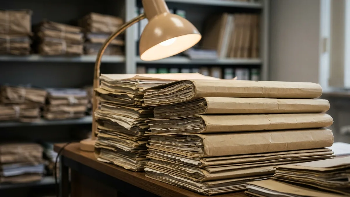 Stapel gebündelter Papierakten unter einer Schreibtischlampe, dahinter Regale mit weiteren Aktenbündeln