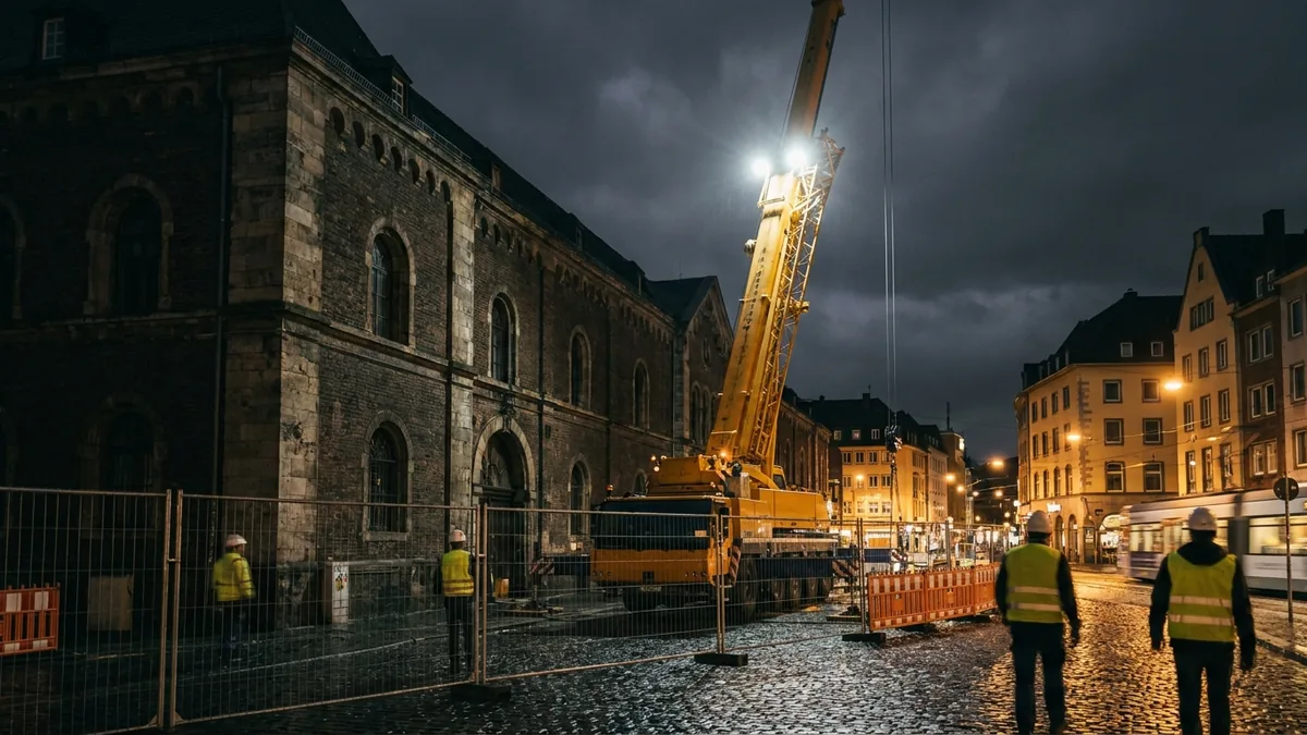 Autokran arbeitet bei Nacht neben einem historischen Gebäude in der Kölner Altstadt