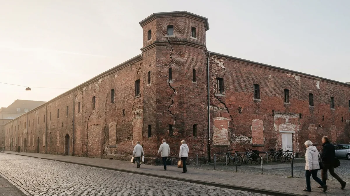 Backsteinfassade des historischen Zeughauses in Köln mit Eckturm