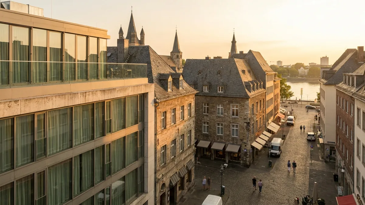 Blick über den Heumarkt in der Kölner Altstadt am Sommerabend