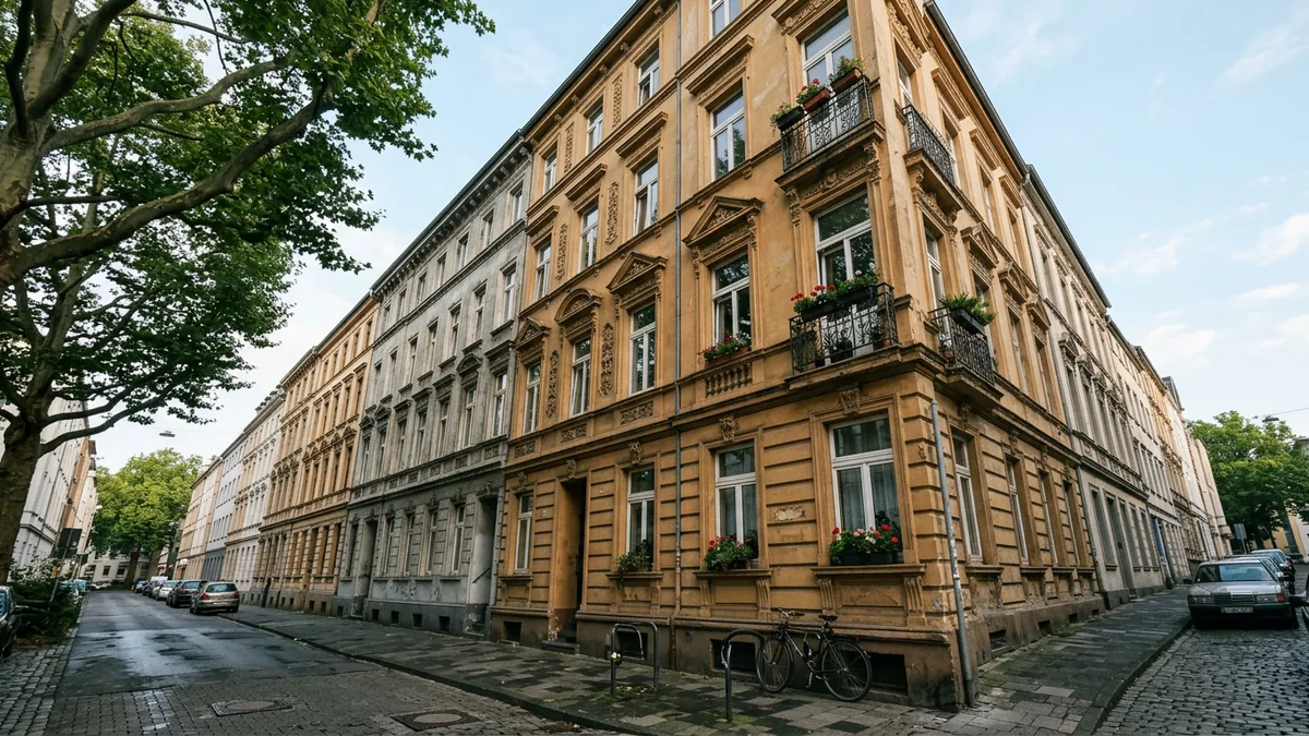 Gründerzeitliche Wohnhausfassaden in der Kölner Südstadt aus der Froschperspektive
