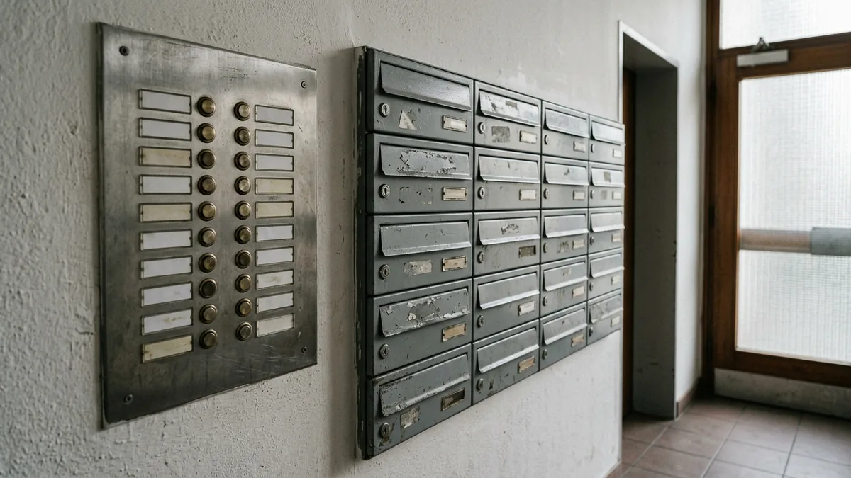 Klingeltableau und Briefkastenanlage im Hausflur eines Mehrfamilienhauses