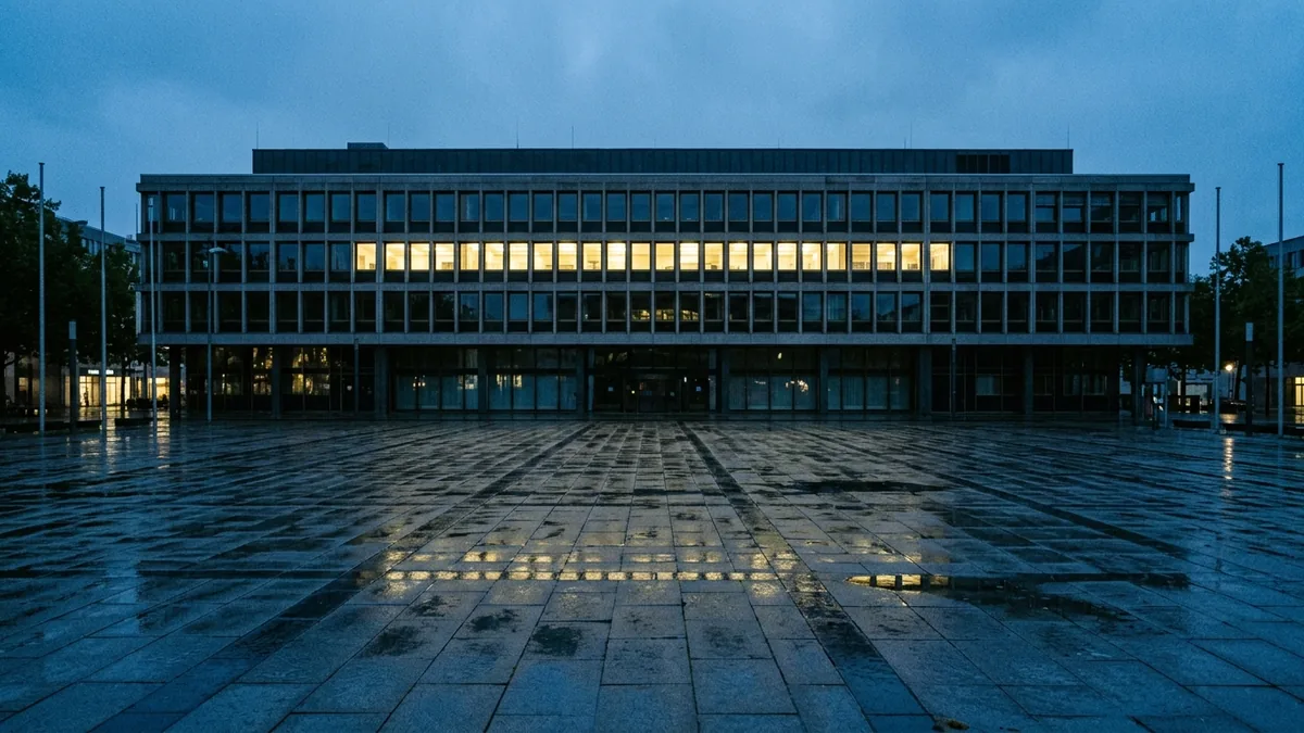 Beleuchtete Fensterfront eines Kölner Verwaltungsbaus in der Abenddämmerung