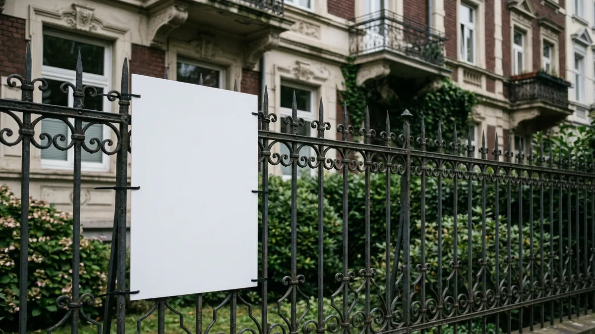 Leeres Maklerschild am schmiedeeisernen Vorgartenzaun eines Kölner Altbaus