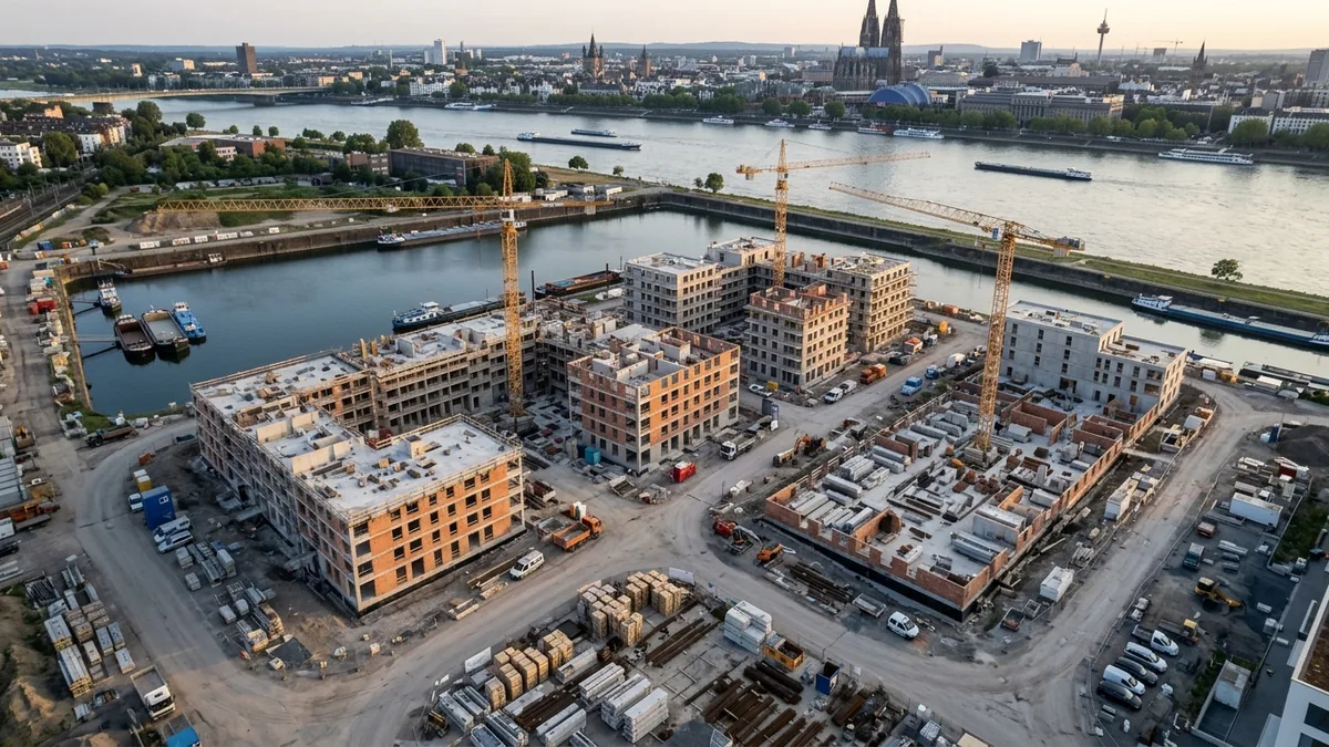 Baukräne über Rohbauten eines Neubauquartiers am Kölner Hafenbecken