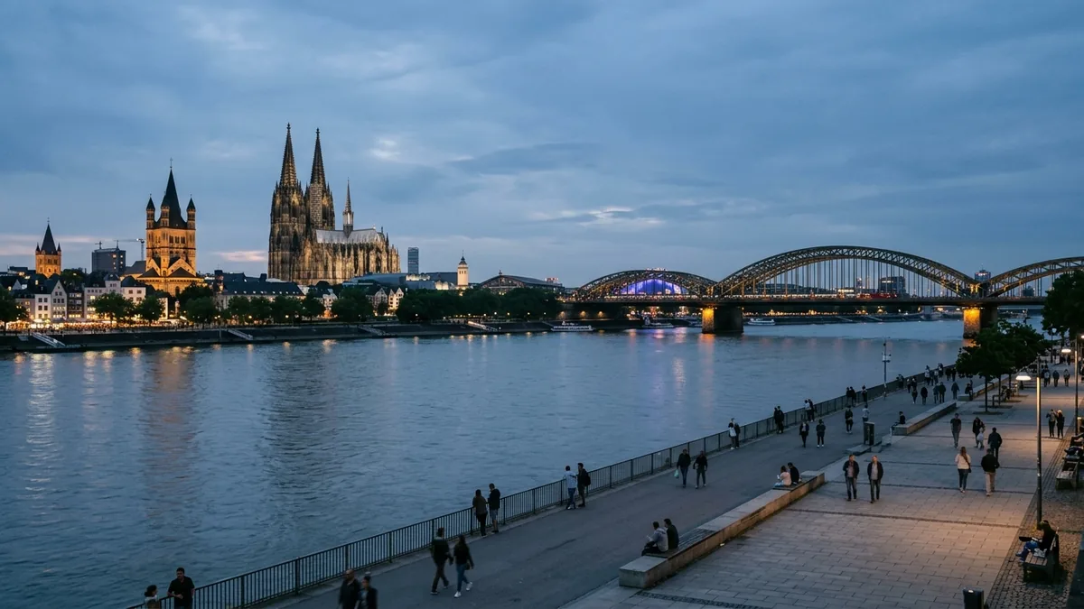 Blick vom rechten Rheinufer auf die Kölner Altstadt zur blauen Stunde