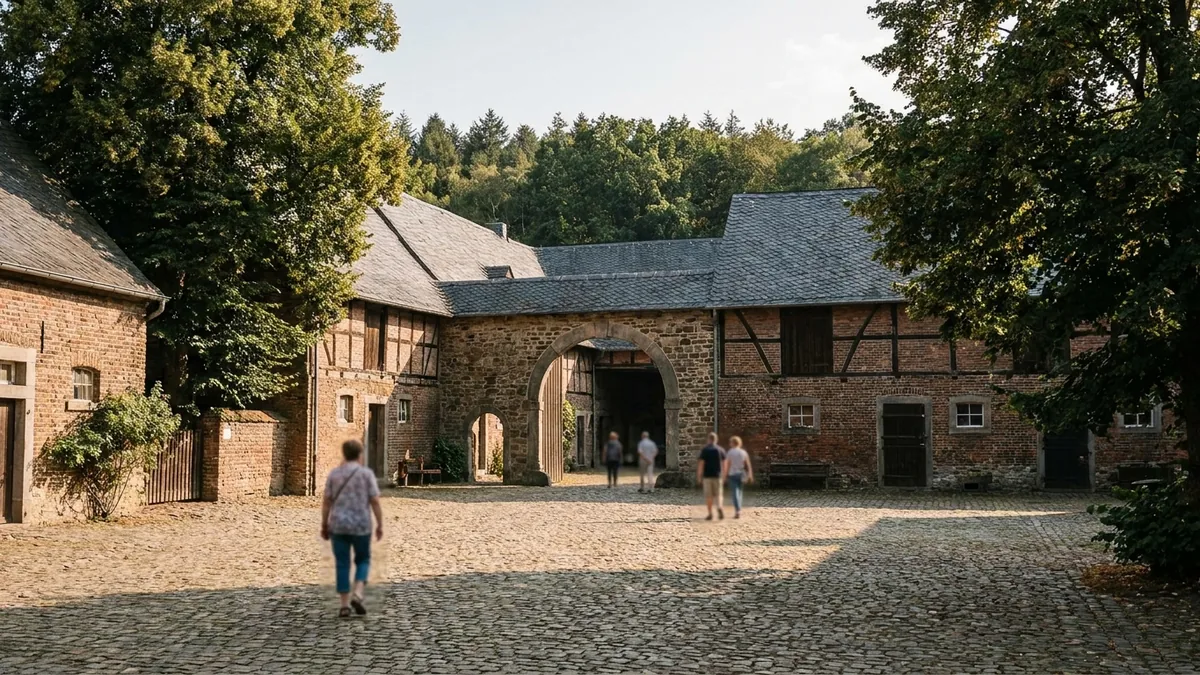 Innenhof eines historischen Gutshofs mit Torbogen und alten Wirtschaftsgebäuden