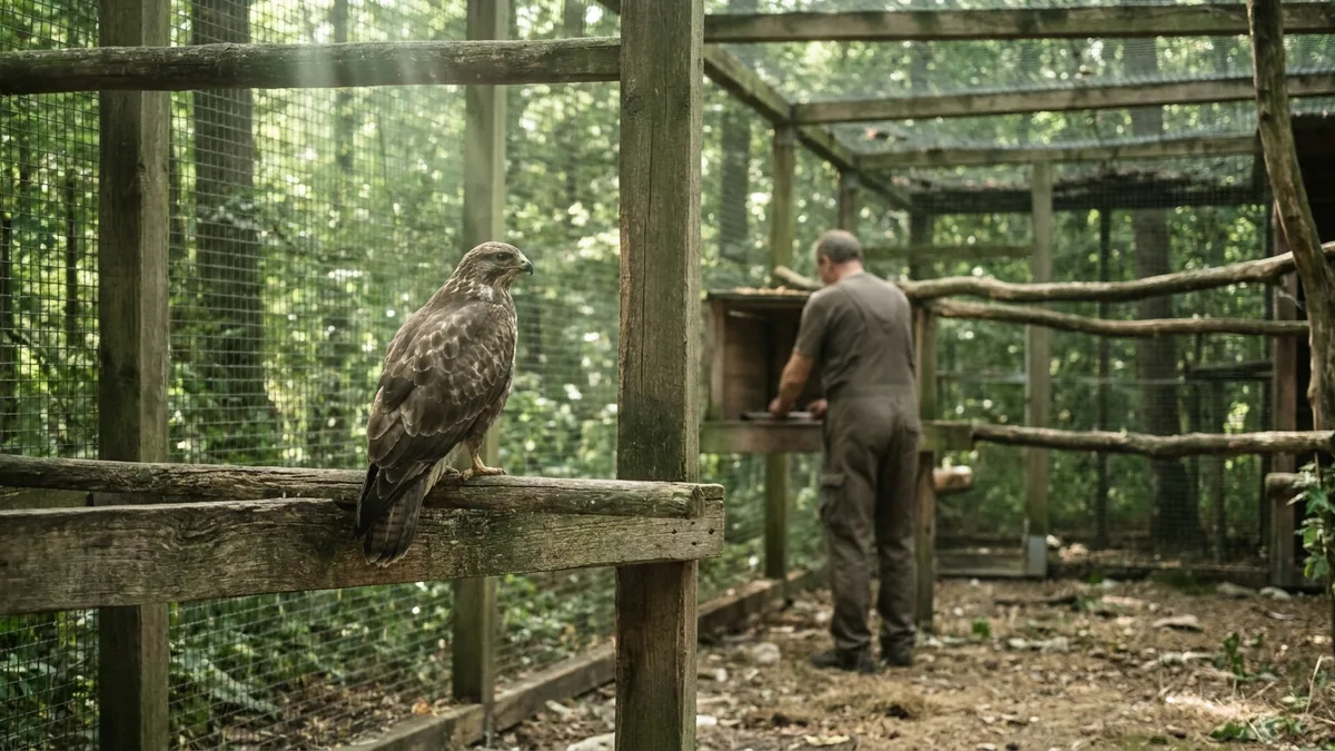 Greifvogel sitzt auf einem Holzbalken in einer Voliere