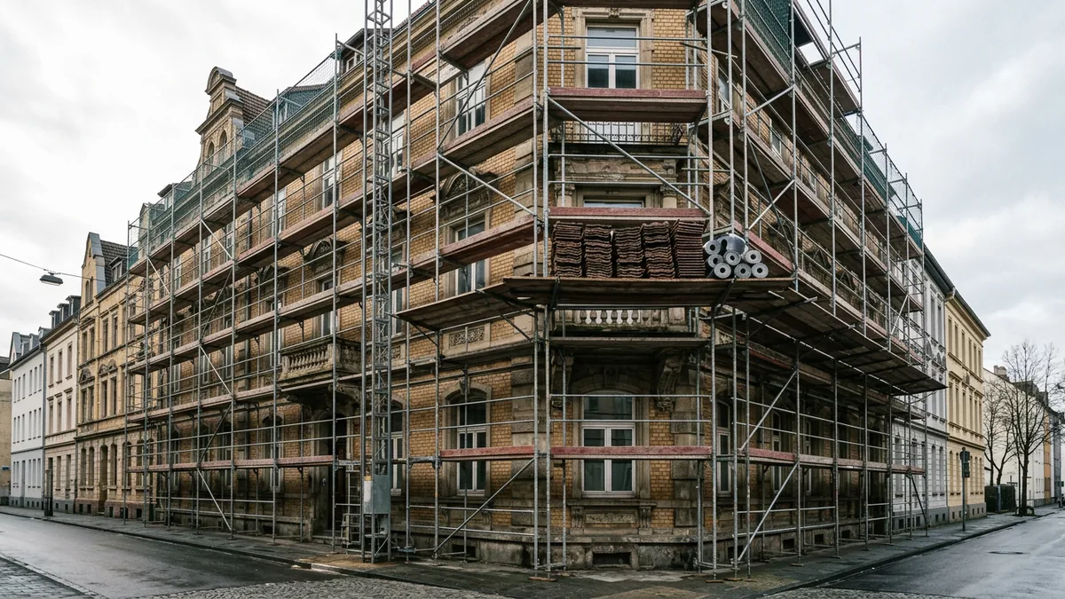 Baugerüst mit Ziegelstapeln an der Fassade eines Kölner Altbaus im Morgenlicht