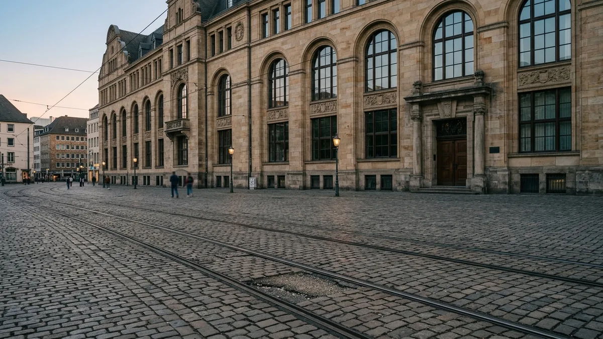 Sandsteinfassade eines Institutsgebäudes am Kölner Heumarkt im Abendlicht