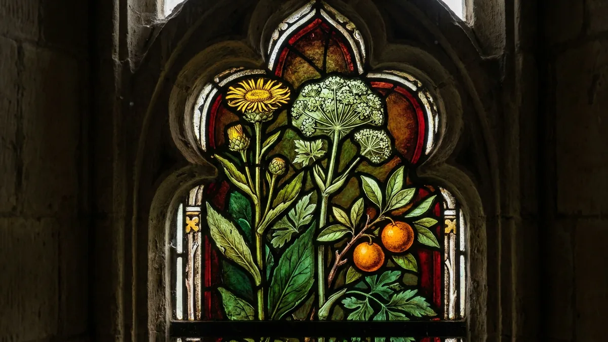 Buntglasfenster mit gelber Blüte, weißer Doldenpflanze und Zweig mit orangefarbenen Früchten in steinerner Laibung