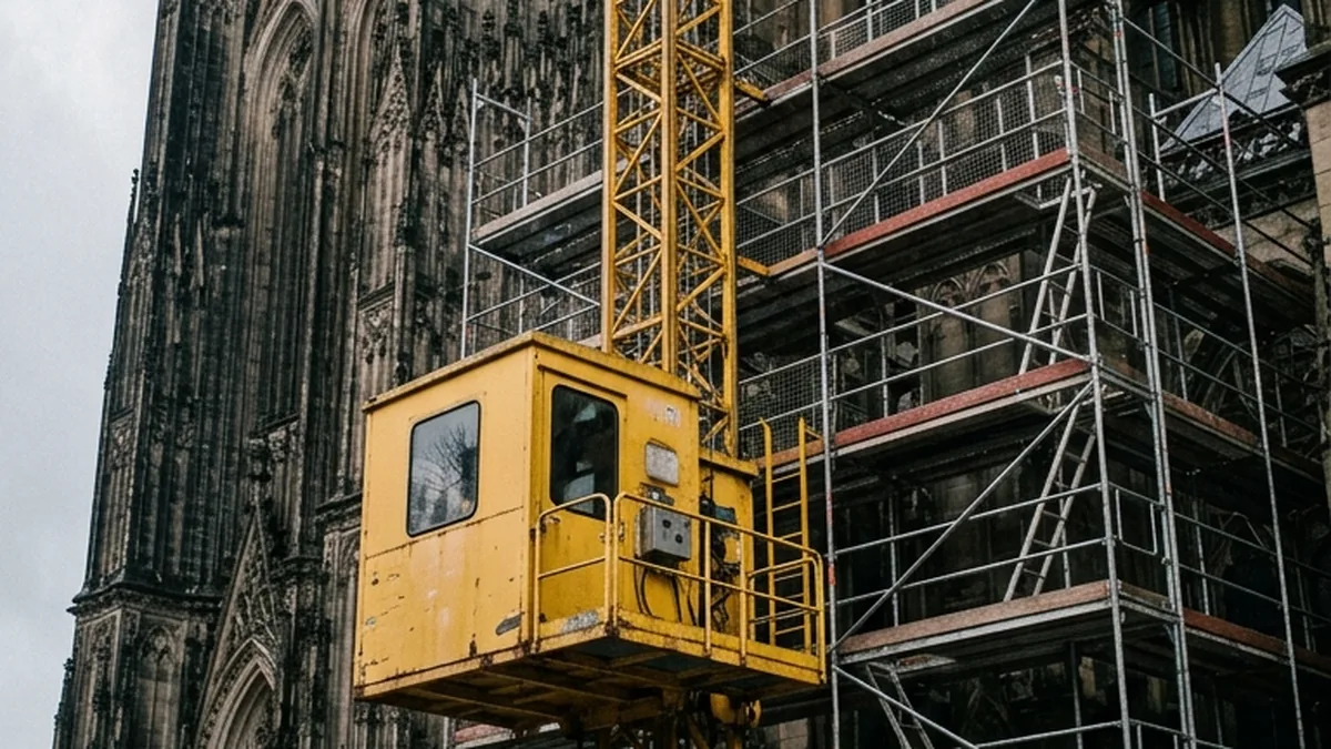 Gelber Baustellenaufzug am Gerüst einer gotischen Fassade, senkrecht von unten fotografiert.