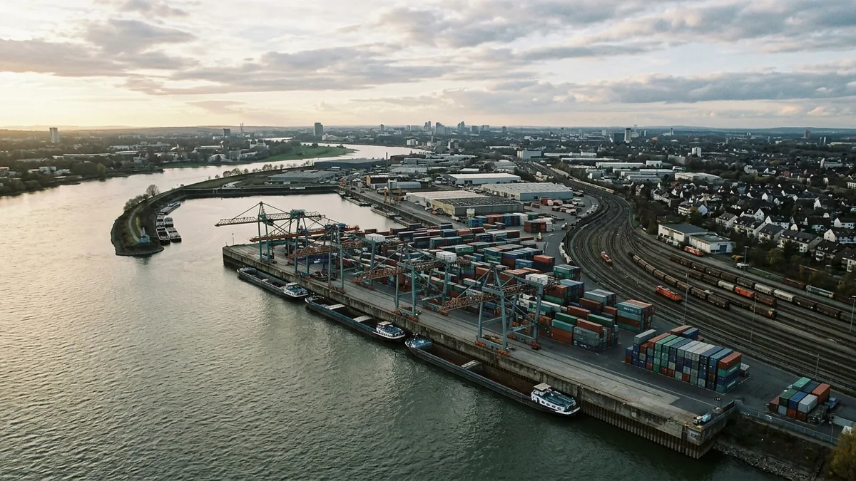 Luftbild eines Binnenhafens mit Containerkraenen, Hafenbecken und liegenden Schiffen am Nachmittag