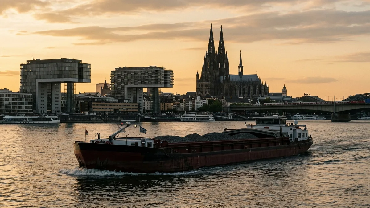 Beladenes Binnenschiff auf dem Rhein vor der Kölner Skyline im Abendlicht