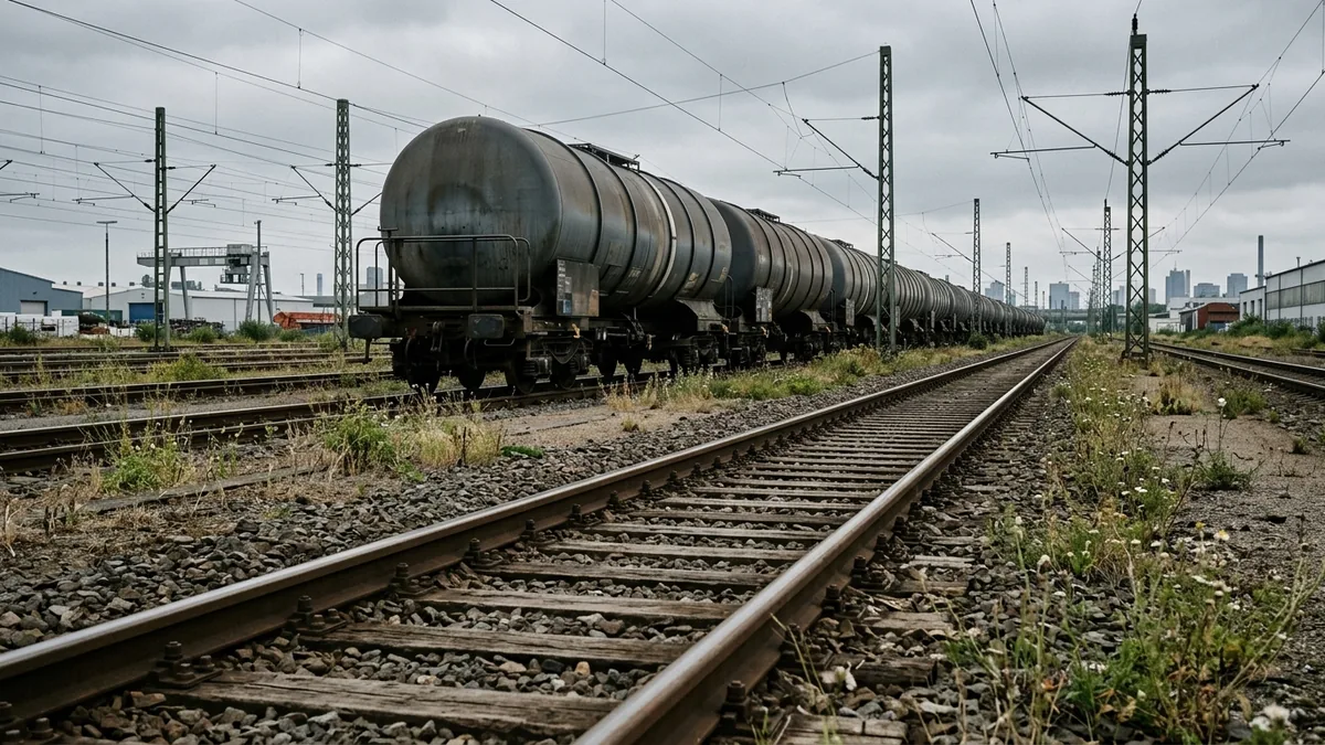 Kesselwagenzug auf Industriegleisen im Kölner Norden, Oberleitungsmasten in der Fluchtlinie