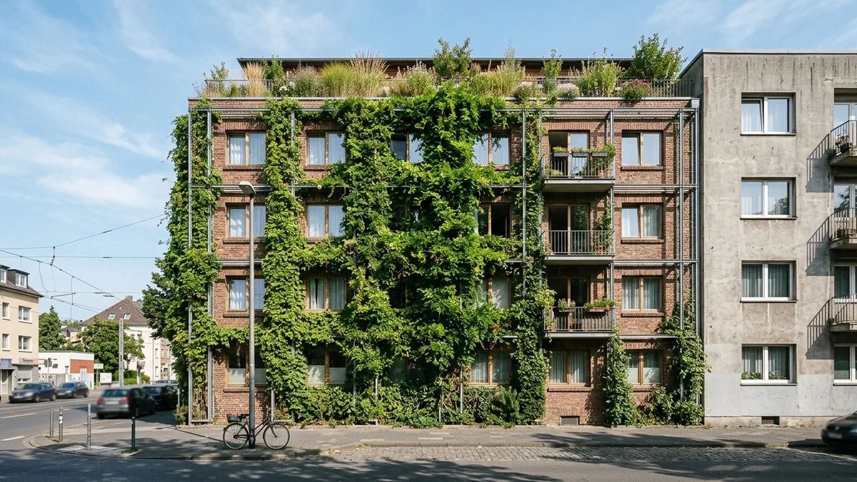 Begrünte Fassade und Dachgarten eines Wohnhauses in Köln vor blauem Himmel