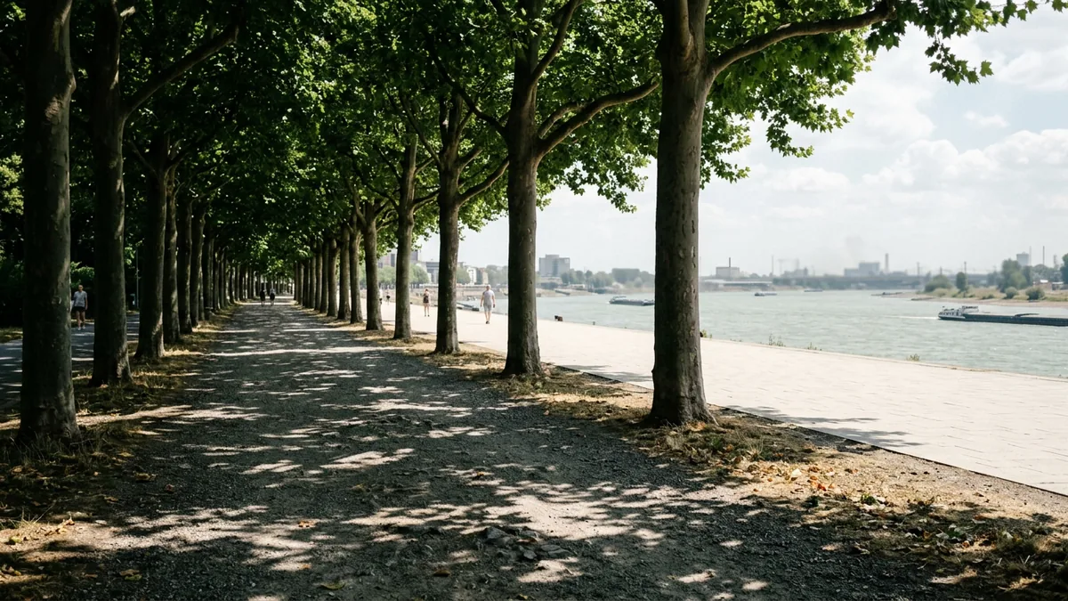 Schattige Platanenreihe am Kölner Rheinufer neben einer besonnten Uferpromenade