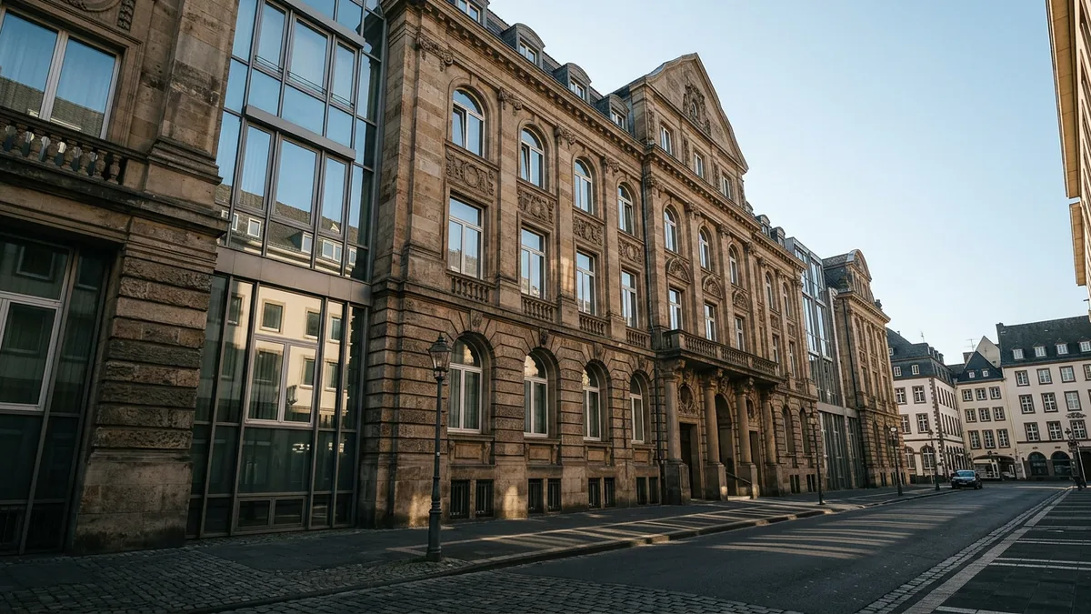 Bürogebäudefassade in der Kölner Innenstadt im Morgengegenlicht