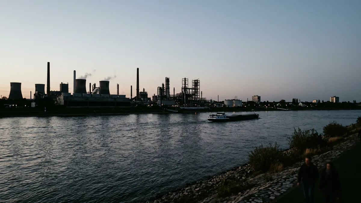 Industrieanlagen am nördlichen Kölner Rheinufer in der Abenddämmerung