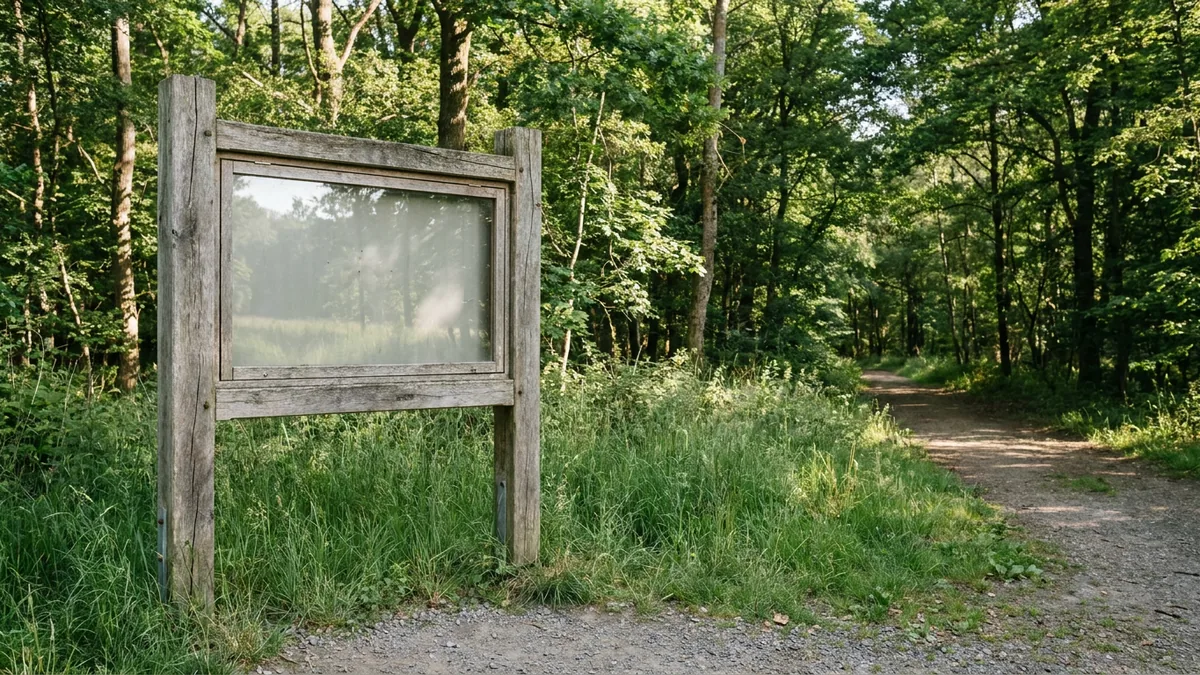 Leere Informationstafel aus Holz und Metall am Waldrand eines Naturschutzgebiets