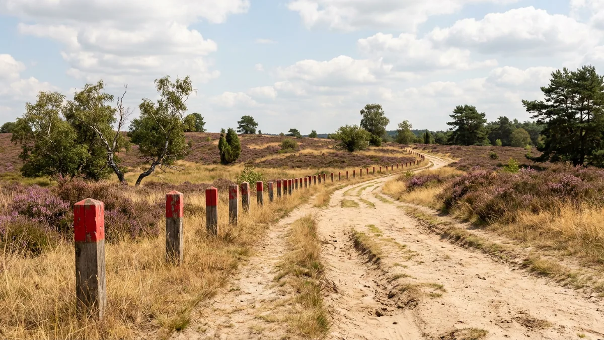 Rot lackierte Holzpfähle markieren einen Wanderweg durch eine Heidelandschaft