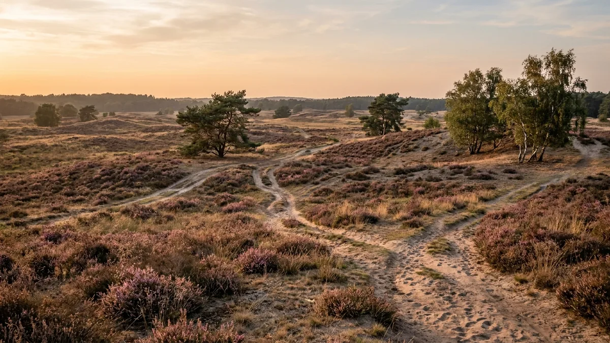 Weite Heidefläche mit Sandwegen und einzelnen Kiefern unter Sommerhimmel