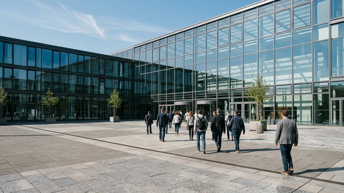 Glasfassade eines Kongress- und Messegebäudes in Köln-Deutz, Besucher auf dem Vorplatz