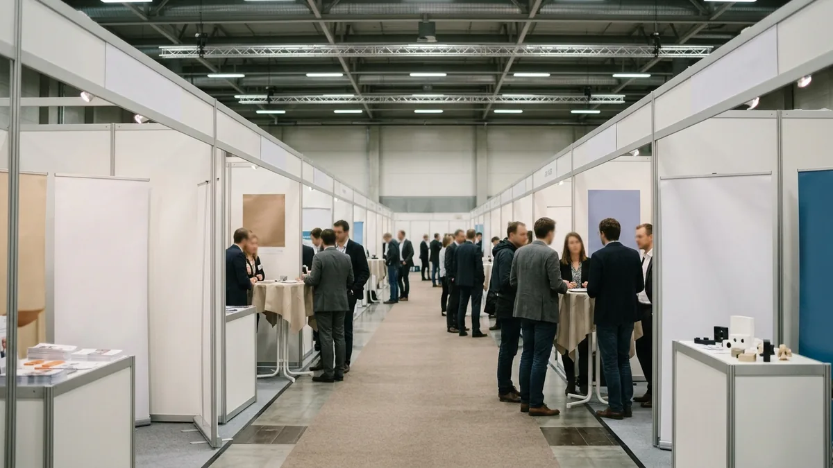 Gasse mit kleinen Start-up-Ständen und Stehtischen in einer Messehalle