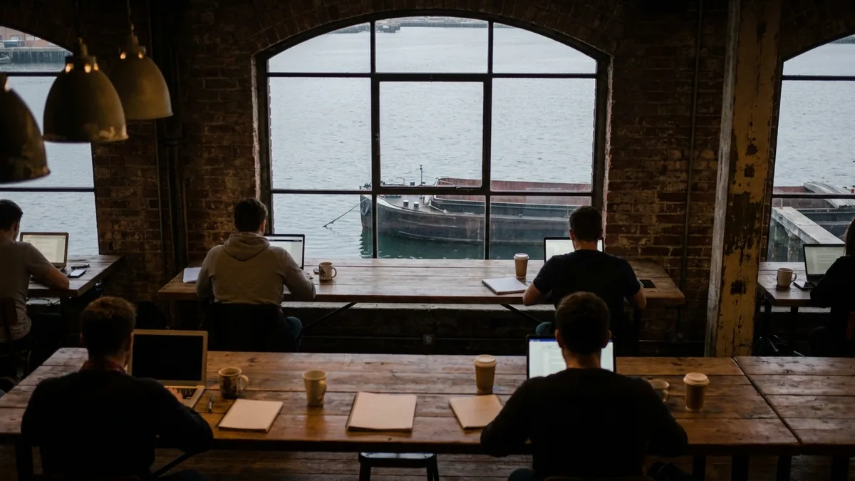 Menschen mit Laptops an langen Holztischen in einem Backsteinraum, durch hohe Fenster Blick auf Wasser und ein Schiff