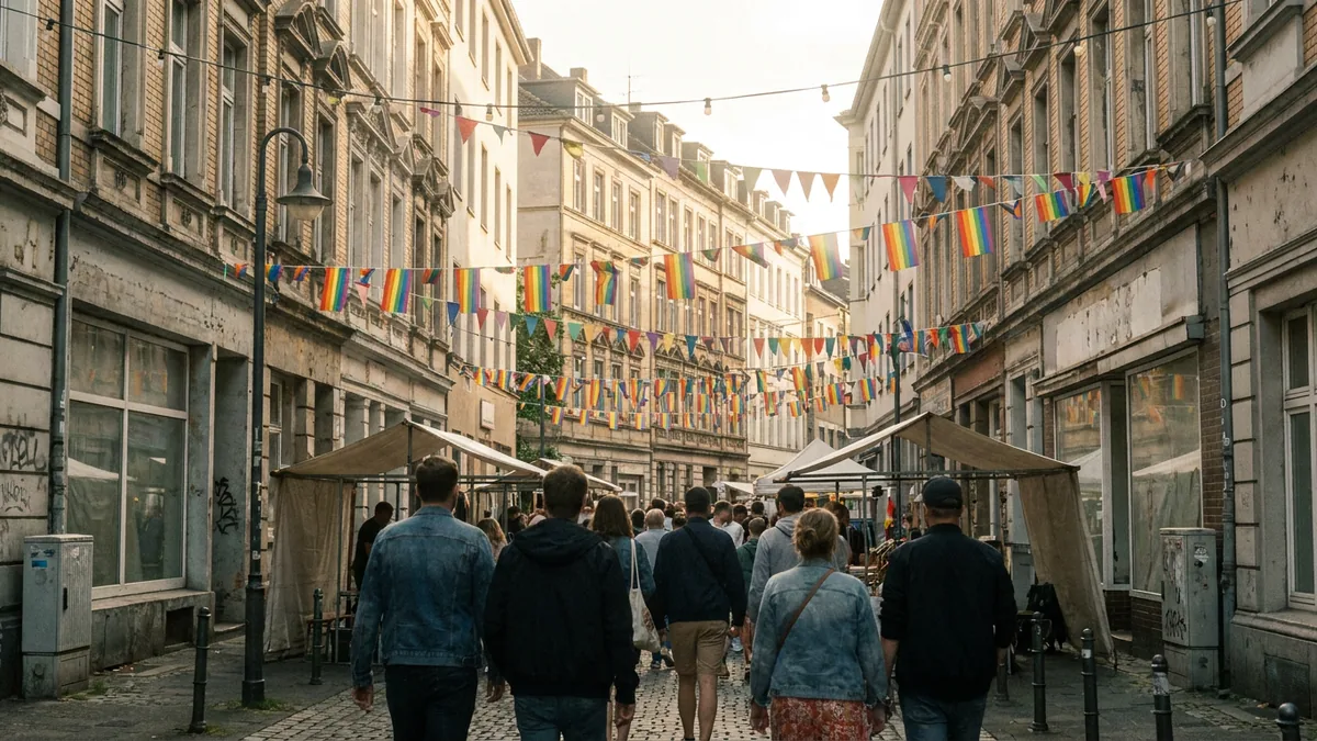 Mit Regenbogenfahnen geschmückte Innenstadtstraße mit Menschen von hinten am Abend