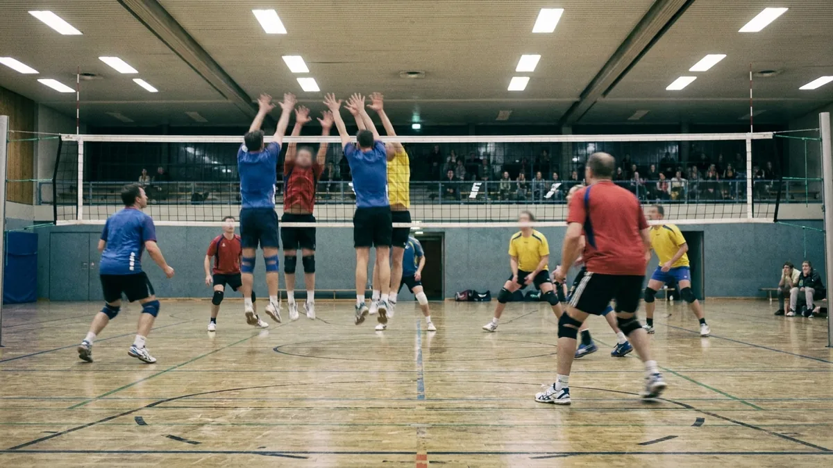 Amateur-Volleyballspiel in einer Sporthalle, Spieler in Bewegungsunschärfe am Netz