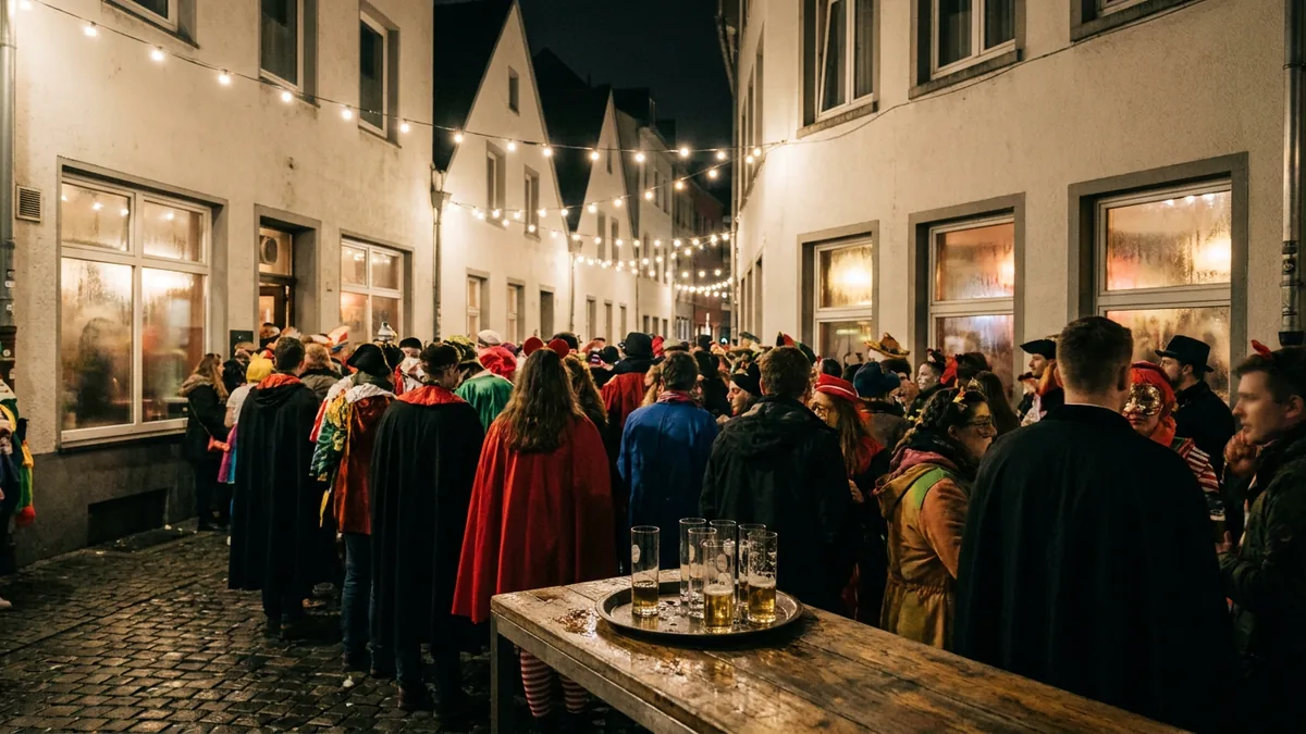 Tablett mit schmalen hohen Biergläsern auf einem Holztisch, dahinter kostümierte Menschen in einer abendlichen Gasse