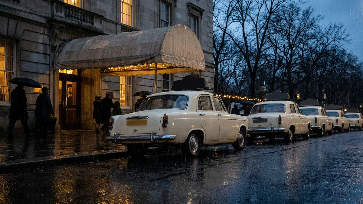 Helle Oldtimer-Limousinen parken bei Regen vor einem Altbau mit beleuchtetem Vordach, Passanten mit Schirmen auf dem Gehweg