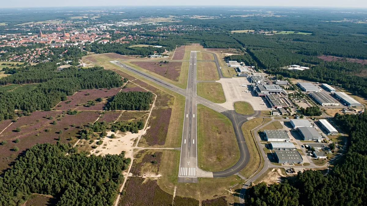 Luftaufnahme eines Flughafens mit Start- und Landebahn zwischen Heideflächen und Wald, am Rand eine Stadt